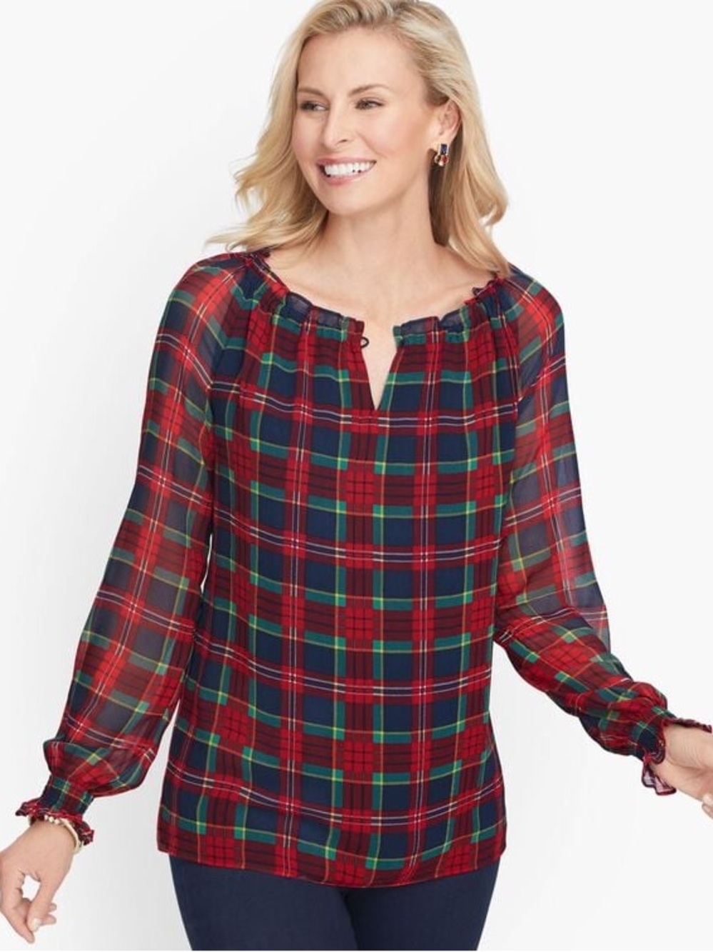 Talbots Feminine Smock Top in Plaid Sz Large